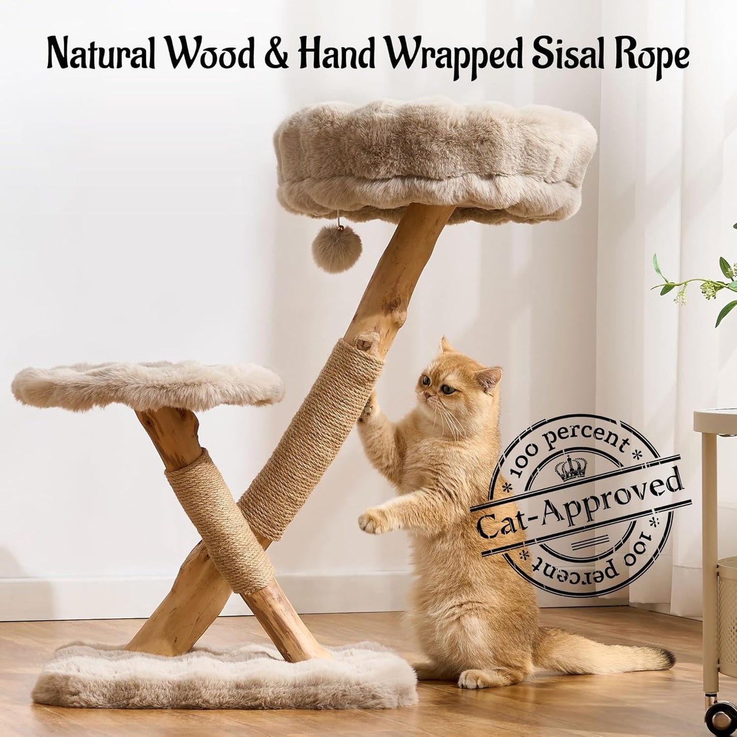 Natural Wood Cat Tree for Indoor Cats Adults, 33in Modern Cat Tree Tower with Super Soft Plush Cat Bed & Perch, Sisal Scratching Posts and Hanging Plush Ball, Soft Khaki