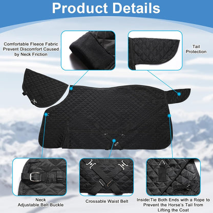 Yaomiao Winter Horse Blanket 78 Inch Waterproof Turnout Blanket Warm Cotton Filling Liner with Turnout Neck Cover Detachable for Horse, Black