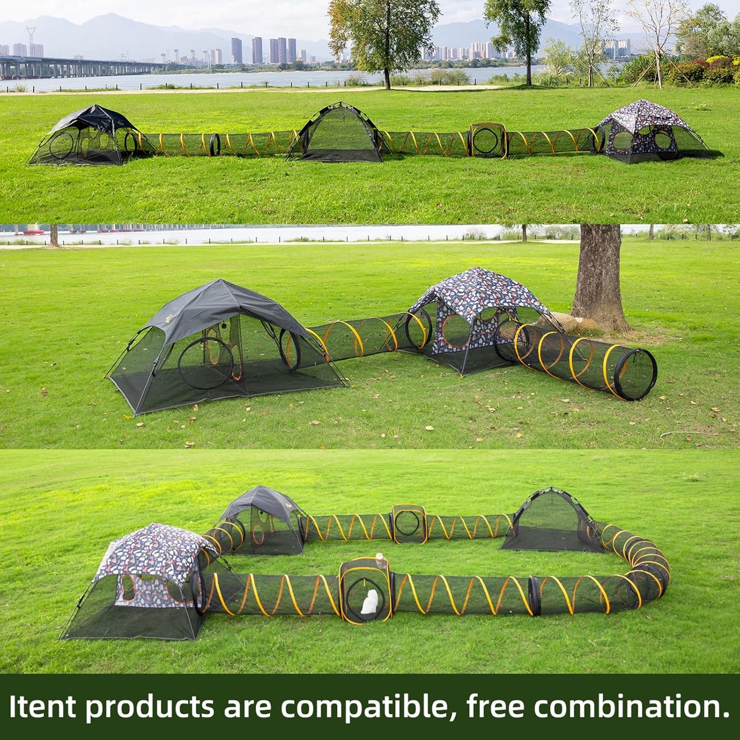 Extra Large Catio Outdoor Cat Enclosure,3 Tier Cat Tower Tent Weatherproof & Sunproof with 3 Doors(with Two Kinds of Canopies), Foladable and Portable Plus 3 Run Tunnels