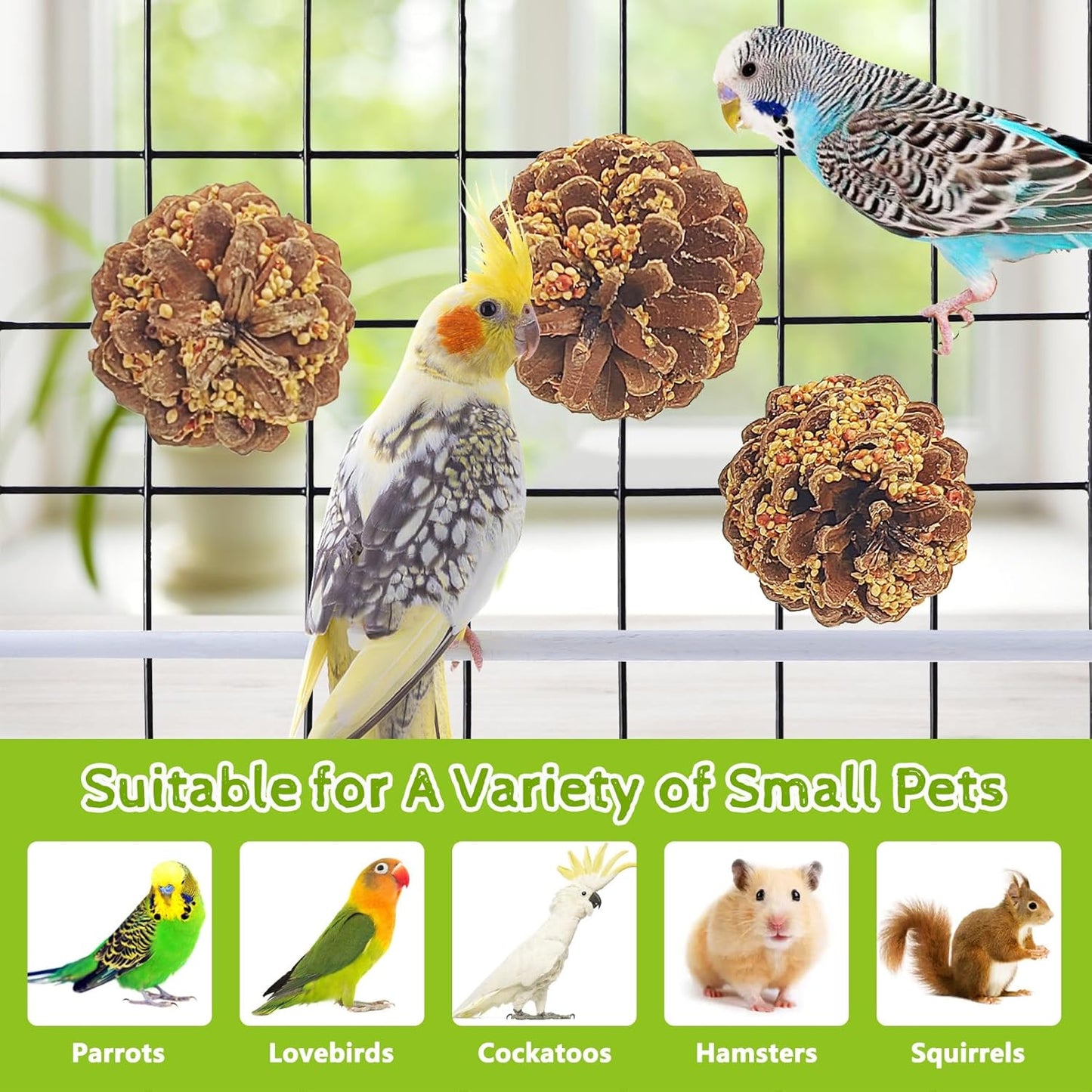kathson Parakeet Treats, 2 Pcs Pine Cone Bird Chew Toys with Natural Grains, Parrot Snacks Bird Molar Toy Cage Enrichment Foraging Toys for Cockatiels Conures Lovebirds Budgies