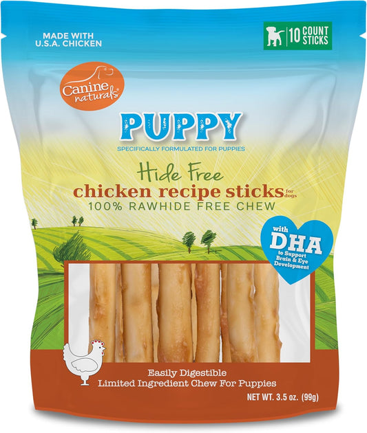 Canine Naturals Puppy Chicken and Rice Chew - Rawhide Free Puppy Treats - Made with USA Chicken - All-Natural & Easily Digestible - 10 Pack of 5-Inch Sticks for Puppies