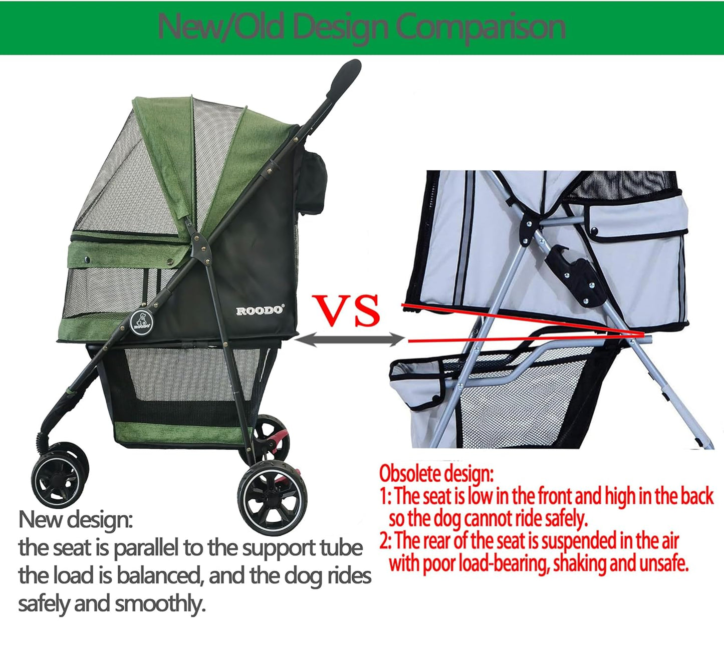 ROODO 3 Wheel Pet Stroller Best Lightweight Foldable Compact Portable Jogger All Terrain Travel Pet Gear Puppy Kitty Stroller for up to 30lbs Medium Small Dogs and Cats(Green)