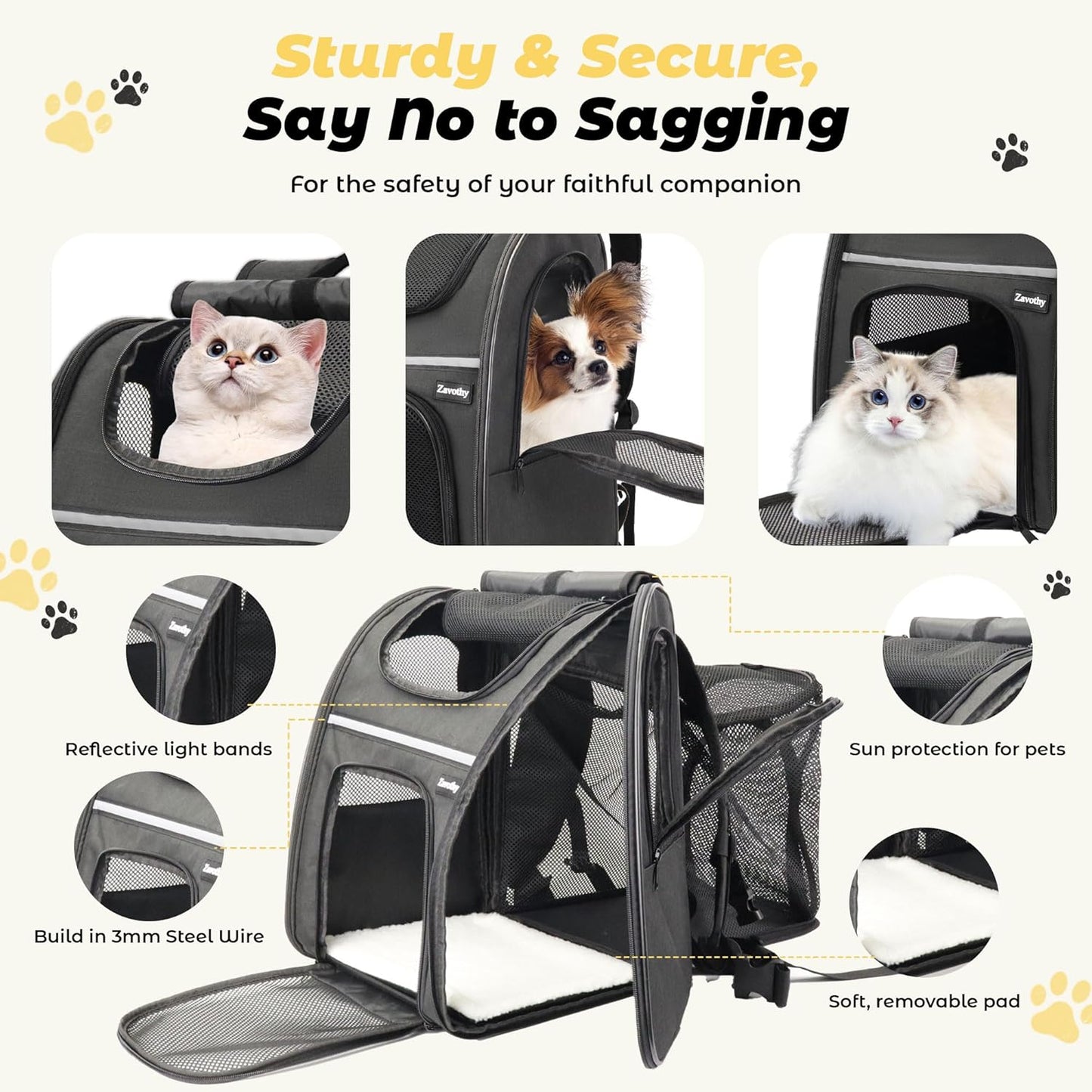 Zavothy Expandable Pet Backpack Carrier for Small Cats & Dogs, Airline Approved Travel Bag with Mesh Windows, Expandable Space, Padded Bottom, Foldable Design (Black/Grey)