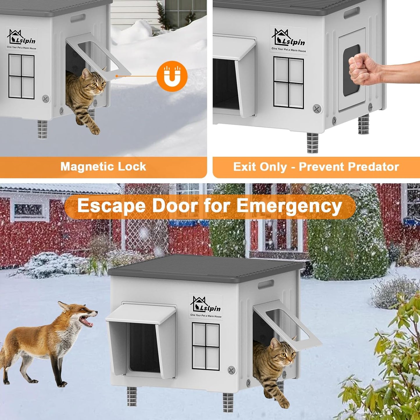 Indestructible Heated Cat House for Outside Cats Winter,Weatherproof & Insulated & Elevated Feral Cat House with Escape Door, Outdoor Indoor Cat Shelter for Stray Barn Cat 17.7×14.9×17.5