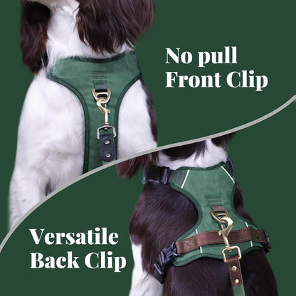 No Pull Dog Harness Small Sized Dog,Stylish PU Leather Vest with Easy Control Handle,No Choke Front Clip with 2 Metal Leash Clips,Reflective & Adjustable for Walking,Green,Chest 19-24"