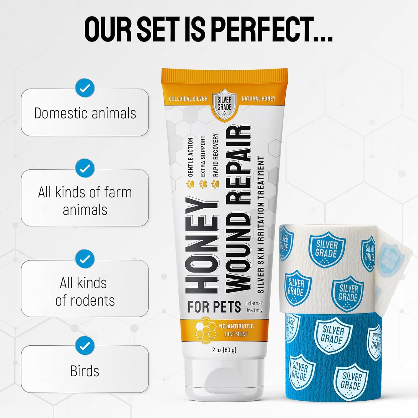 Best Hot Spot Treatment for Dogs & Horses – Dog Wound Care with Silver for Scratches, Sores, Rashes, Irritations – Honey Wound Repair Ointment in Gel Form for Horses & Cats + 2 Bandages – 2 Oz