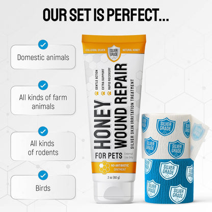 Best Hot Spot Treatment for Dogs & Horses – Dog Wound Care with Silver for Scratches, Sores, Rashes, Irritations – Honey Wound Repair Ointment in Gel Form for Horses & Cats + 2 Bandages – 2 Oz