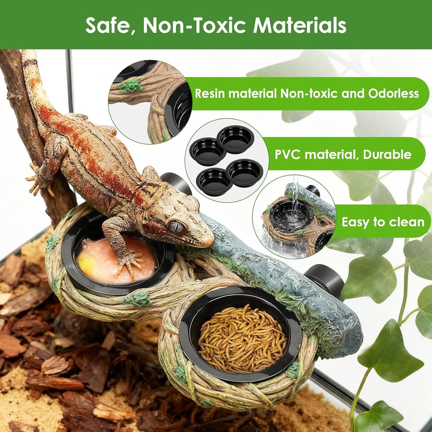 MIXJOY Magnetic Crested Gecko Feeding Ledge with 4PCS Feeding Cups, Reptile Feeder Ledge with Double Bowls Design, Hollow Vine Look, Reptile Food Water Dish for Bearded Dragon Lizard Chameleon Snake