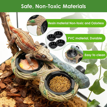 MIXJOY Magnetic Crested Gecko Feeding Ledge with 4PCS Feeding Cups, Reptile Feeder Ledge with Double Bowls Design, Hollow Vine Look, Reptile Food Water Dish for Bearded Dragon Lizard Chameleon Snake