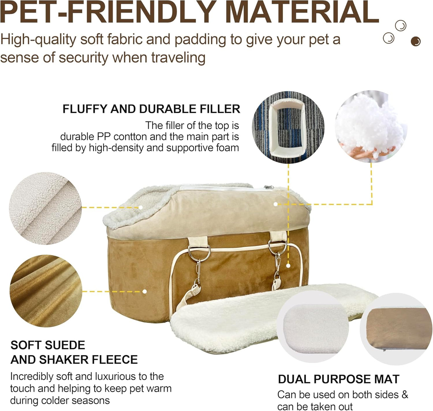 Dog Car Seat for Small Dogs Booster Seat Under 30lbs Pet Car Seat Travel Bed with Storage Pockets and Dog Safety Belt, Frosted-Velvet, Brown