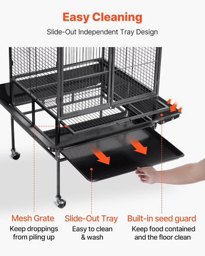 VEVOR Bird Cage, 32.7 x 31.1 x 82.7 inch, Open Flat Top, Wrought Iron Bird Flight Cage with Perches, Slide-Out Tray, Plastic Feeders, for Cockatiel, Monk Parakeet, Amazon Parrot, African Grey Parrot