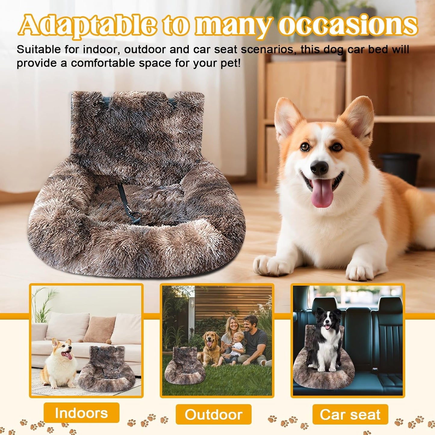 Car Seat Dog with Safety Straps,Fluffy Safety Pet Seat,Removable and Easy to Clean Protects from Dirt (Dark Coffee, 23 * 23in)