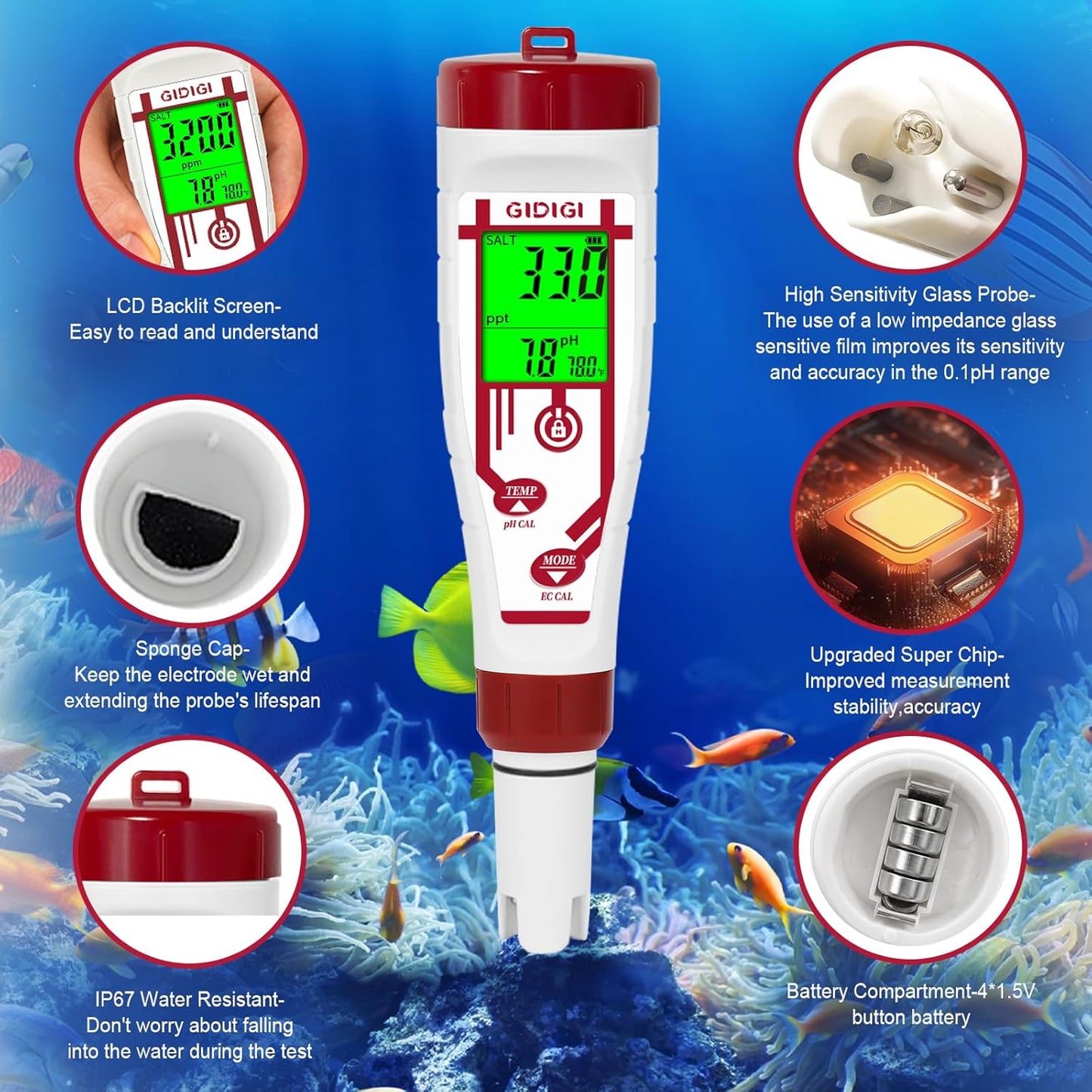 Aquarium Salinity pH Meter,Digital Salt Tester Kit for Saltwater Fish pH Meter Calibration Solution Kit,Includes pH 7.00, 10.01 and pH Electrode Protection Solution