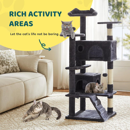 Cat Tree 54 Inch, Multi-Level Cat Tower with Condo, Perches, Sisal Scratching Posts and Climbing Ladder, Pet Play Toy Balls House for Indoor Cats, Dark Grey