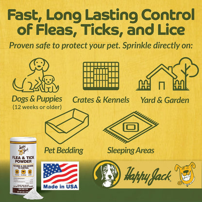 Happy Jack Flea and Tick Powder for Dogs & Puppies, Flea Powder for Flea Treatment & Control, Kills Pests, Ticks & Lice, Odorless & Non-Staining, Dust on Sleeping Quarters & Dogs (5 oz)