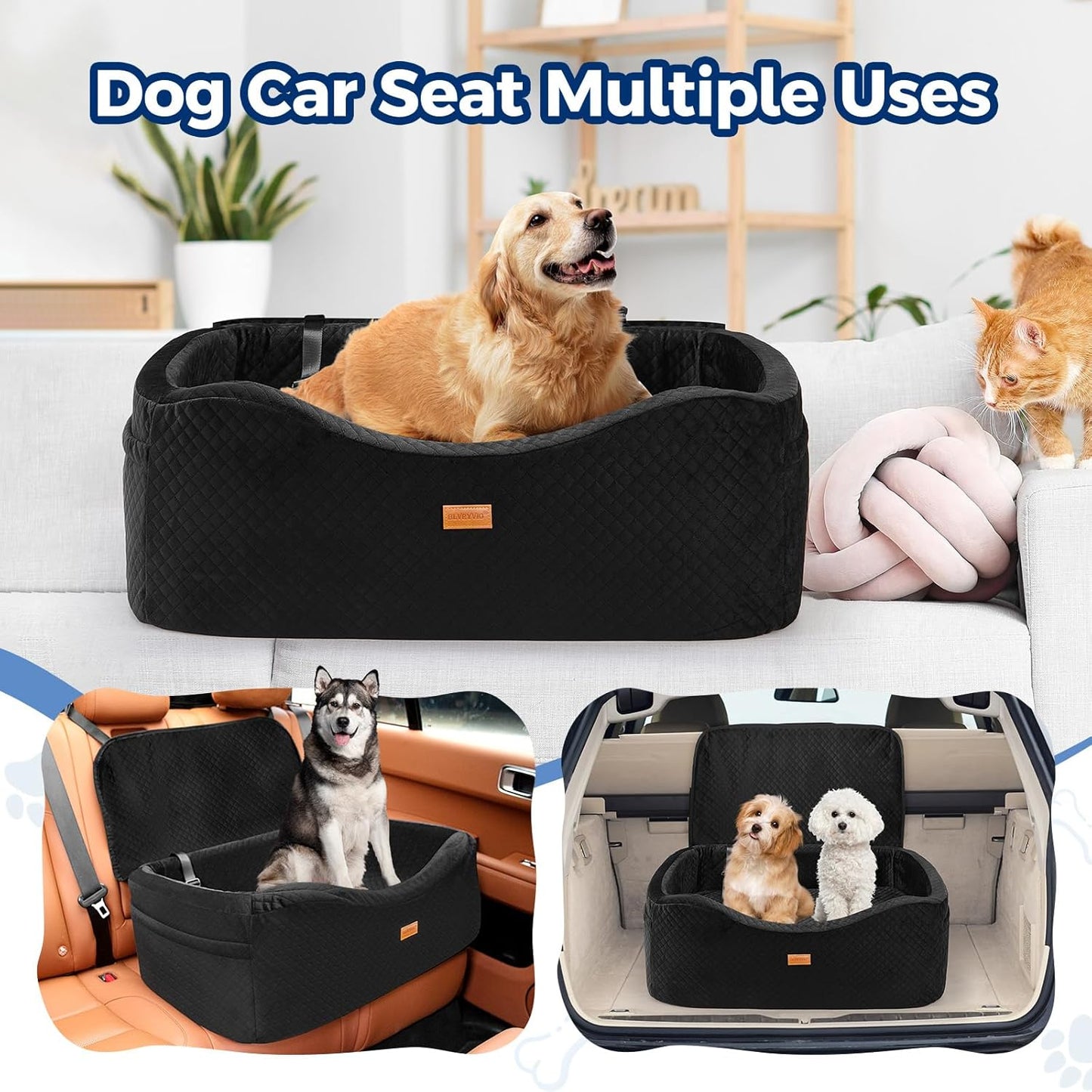 Dog Car Seat for Large Dogs up to 60 lbs or 2 Small Dogs with 4" Memory Foam, Medium Pet Booster Seat Cover with Triple Safety Belts, Adjustable Leashes, Detachable/Washable (Dark Black, Large)