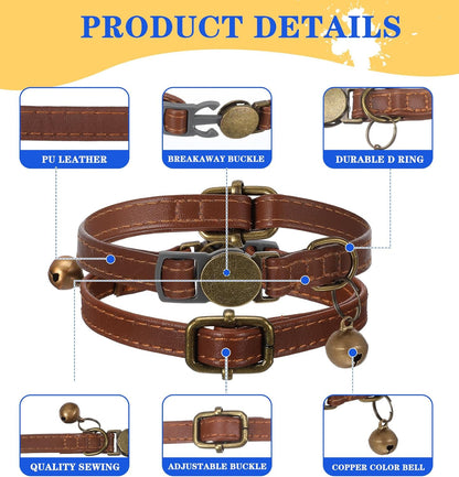 Cat Collars with Bell, 1PCS Kitten Collars with Bells Faux Leather Cat Collar for Small Cats Boy Girl (Brown)