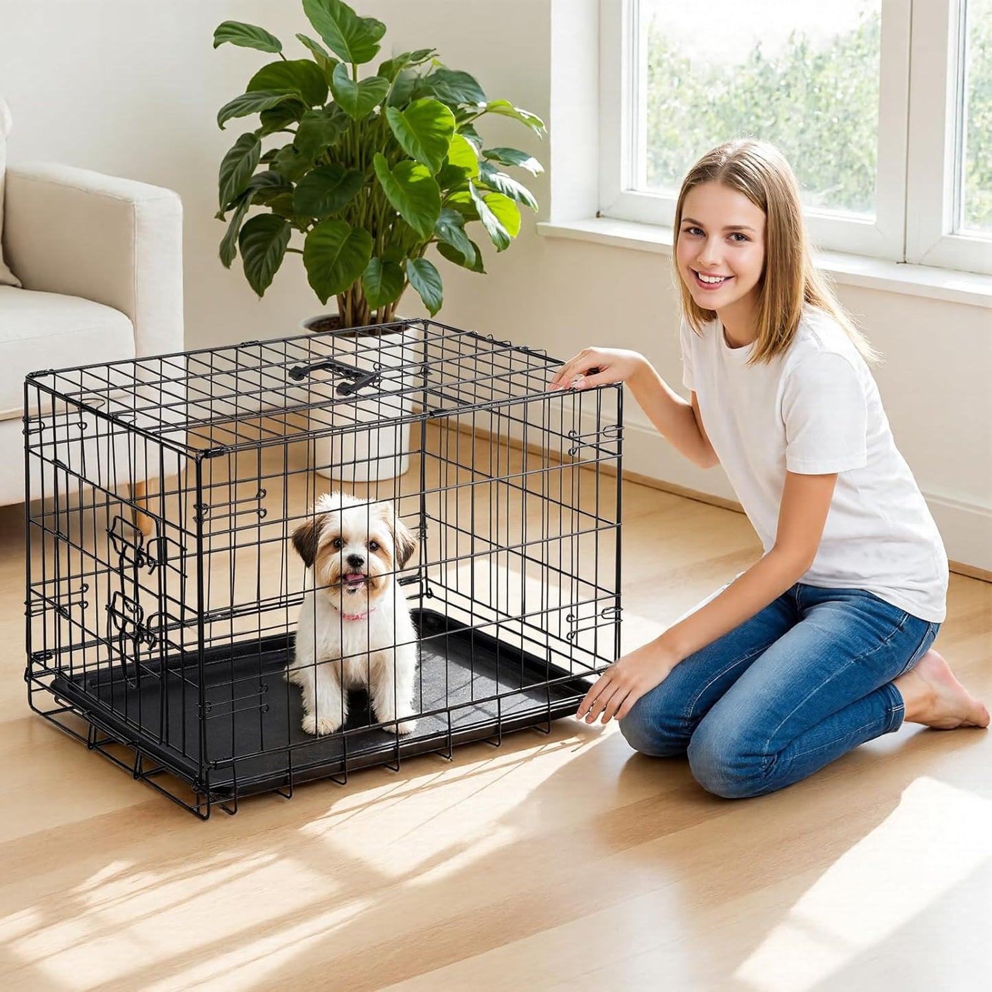 DUMOS Dog Crate, 30 Inch Medium Single Door Dog Cage with Plastic Leak-Proof Pan Tray, Folding Metal Wire Pet Kennel for Indoor, Outdoor, Travel
