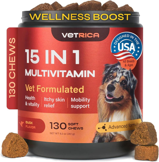 Dog Multivitamin Chews - Vitamins 15 in 1 - Joint Supplement for Dogs - Canine Vitamins & Supplements for Hip & Joint, Immune System, Glucosamine Chondroitin - Coat & Mobility - Itchy Skin Support