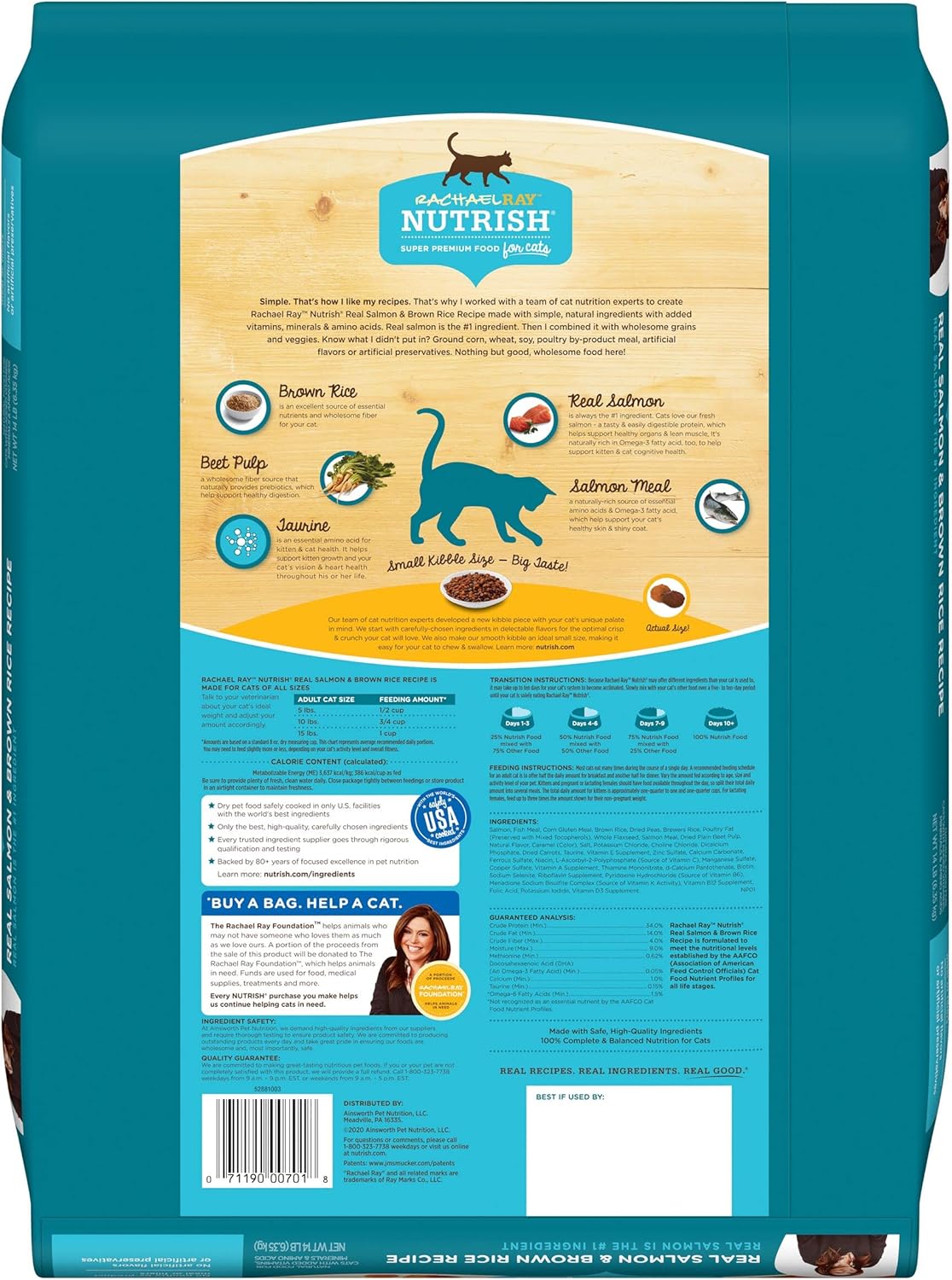 Rachael Ray Nutrish Salmon & Brown Rice 14 Pounds Dry Cat Food + Ocean Lovers Variety Pack 2.8 Ounce (Pack of 12) Wet Cat Food Bundle