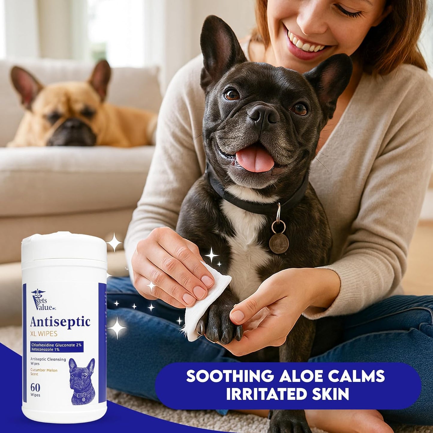 Vets Value Pet Cleansing Wipes for Dogs & Cats – Gentle Grooming Wipes with Light Cucumber Melon Scent, Extra-Large Size for Daily Freshening and Easy Cleaning, 60 Count (XL)