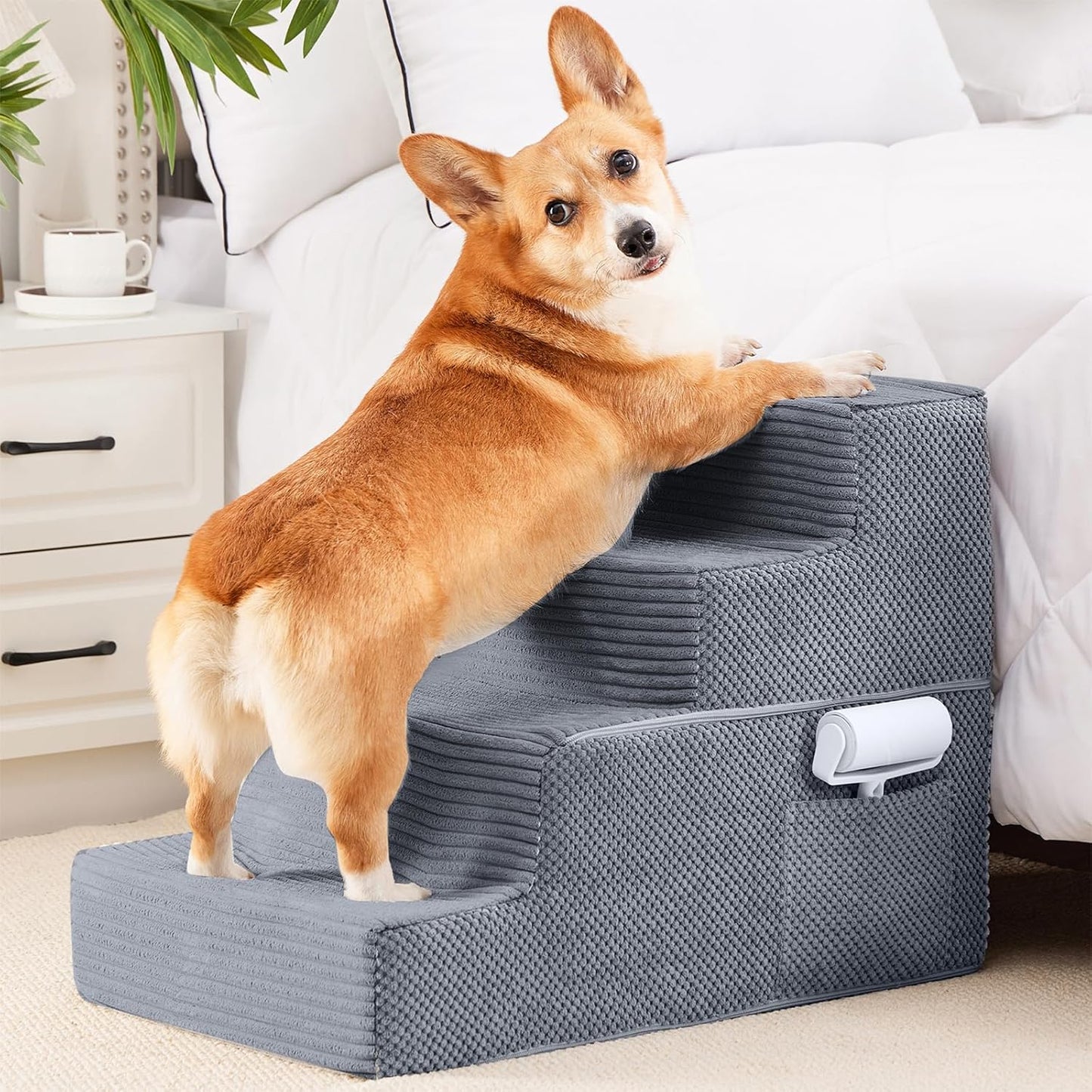 HYLEORY Dog Stairs for Bed 18''H, 4-Step Pet Stairs for Small Dogs & Cats, Sturdy Pet Steps with Non-Slip Bottom, Functional Portable Dog Ramp for Couch/Chair/Sofa/Car, with Storage Pocket, Grey