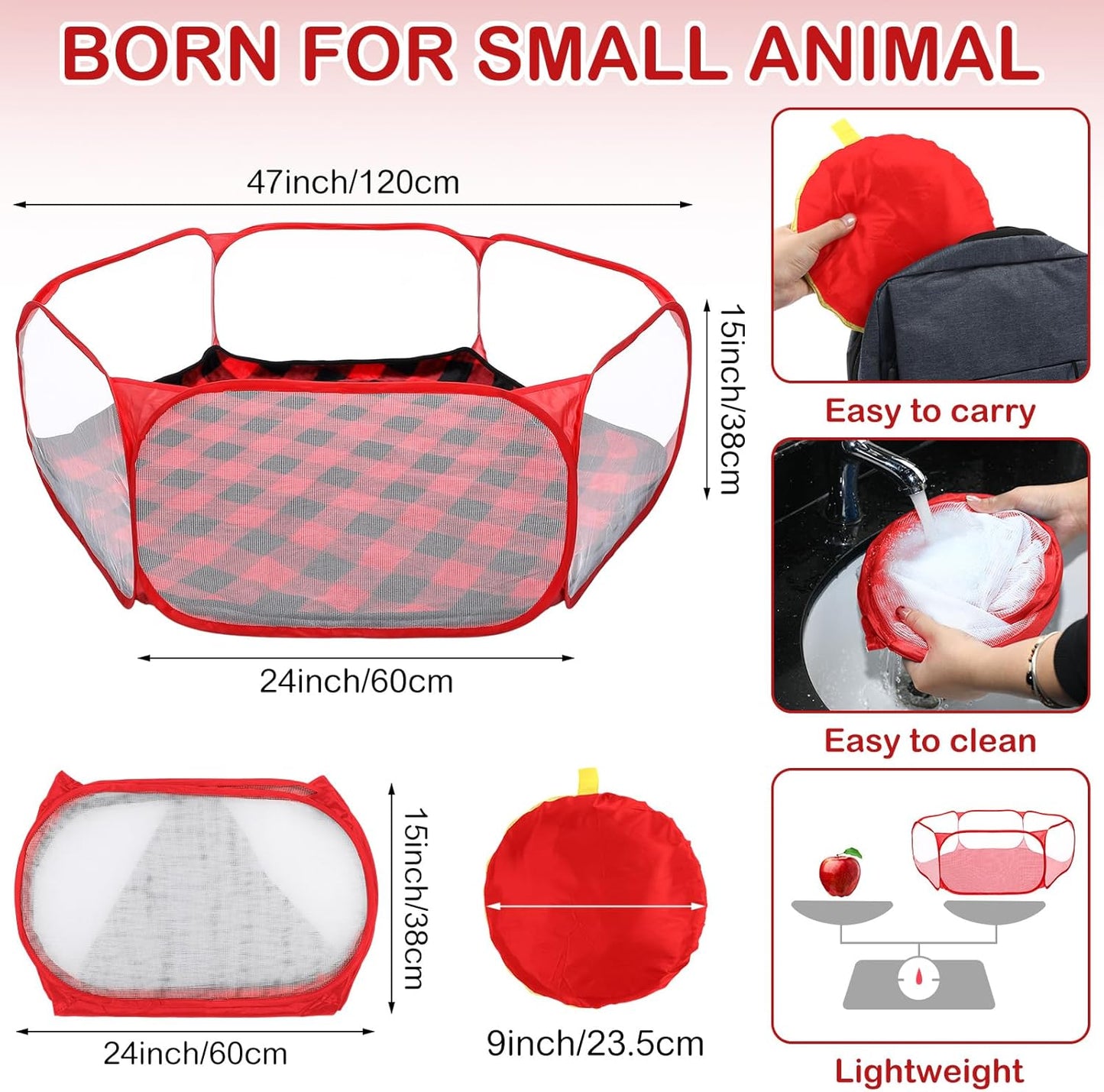 VitalCozy Hamster Playpen with Mat Small Animal Cage Tent Breathable Transparent Guinea Pig Playpen Waterproof Portable Yard Fence Mat Foldable Exercise Cage Outdoor Indoor (Red,Christmas Plaid)
