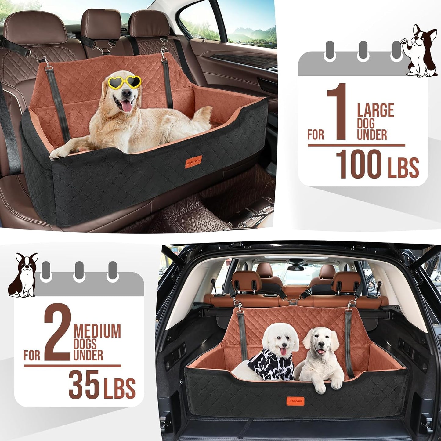 Large Dog Car Seat Under 100 lbs, Washable Dog Car Bed for 2 Medium Dogs, Detachable Pet Booster Seat with Storage Pocket and Seat Belt for Back Seat Dog Travel Bed