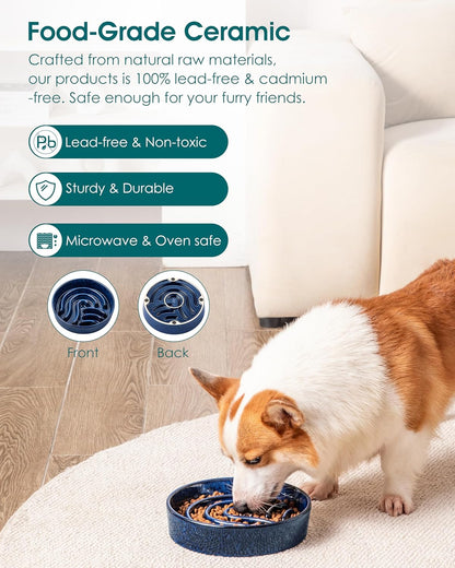 vancasso Slow Feeder Dog Bowl, 1.5 Cup Ceramic Slow Feeding Food Dish for Small and Medium Breed, Puzzle Dog Food Bowl for Fast Eater, Blue