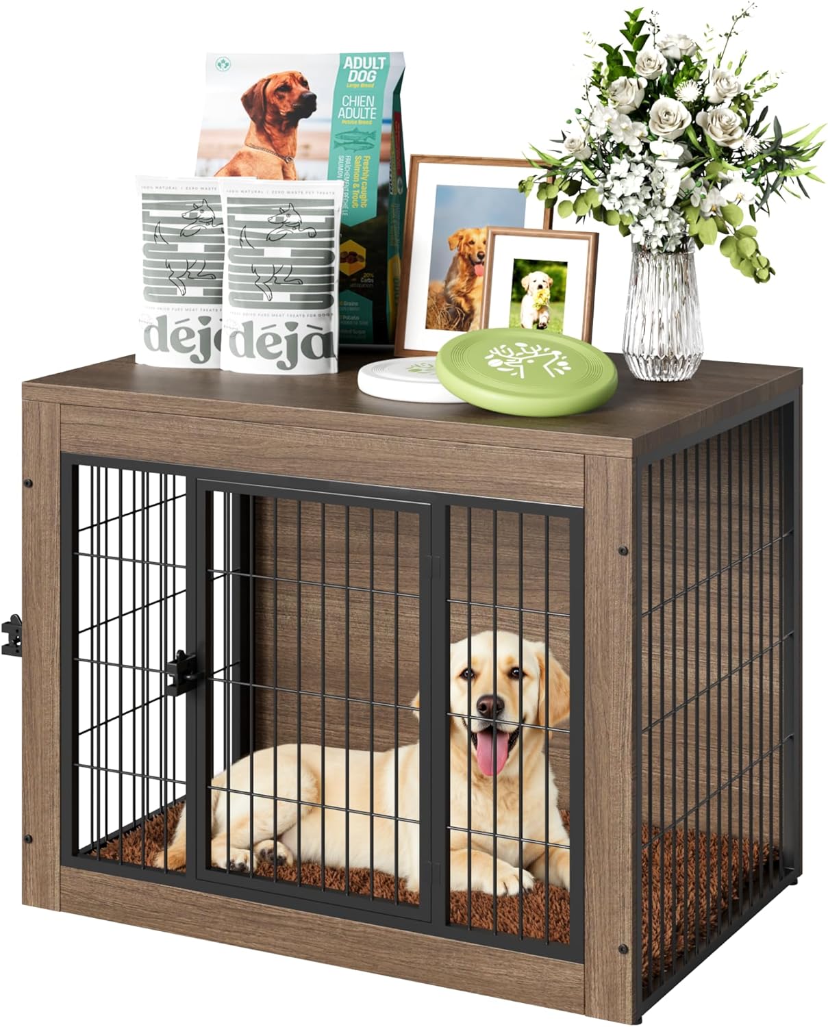 Greesum Modern Dog Crate Furniture That Doubles as a Side Table - Sturdy Wooden Kennel with Front & Side Door Access, Plush Cushion & Chew-Resistant Design for All Dog Sizes