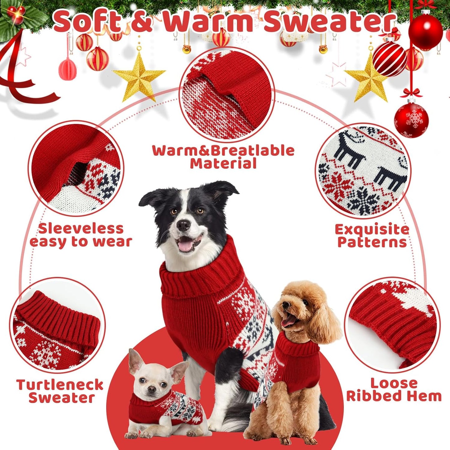 Christmas Dog Sweaters for Small Medium Large Dogs and Cats,Pet Soft Warm Holiday Outfit Girl & Boy,Pup Winter Clothes Turtleneck Double Knitting Collar for Outdoors Playing (Deer, M)