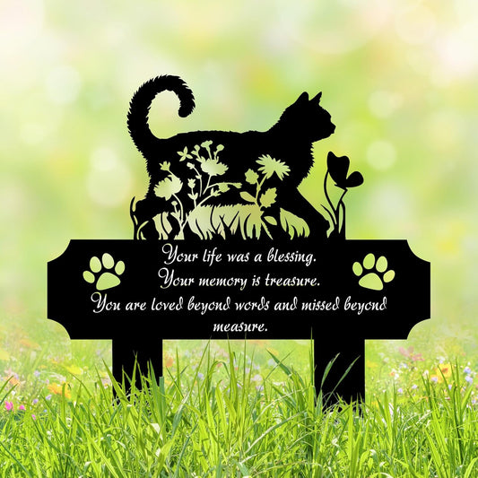 Cat Grave Marker Outdoor Memorial – 12in Metal Pet Memorial Plaque with Garden Cat Silhouette, Weatherproof Headstone for Yard or Indoor Tribute, Sympathy Gift for Loss of Cat