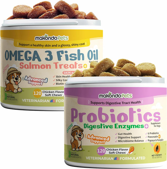 Dog Allergy Support + Skin & Coat & Digestive Health Bundle | Omega-3 Fish Oil, Probiotics & Digestive Enzymes | 240 Soft Chews for Itchy Skin, Gut Balance & Shiny Coat