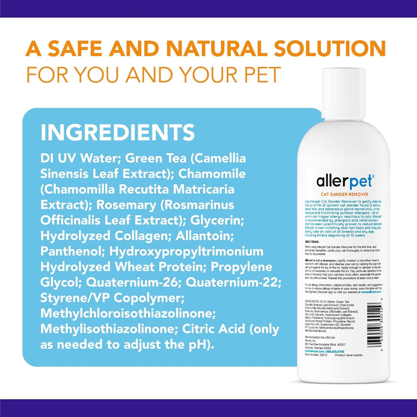 Allerpet Aloe Vera Free Cat Dander Remover - Pet Dander Allergy Relief, Natural & Safe Allergy Relief for Cats and Humans, Soothing Chamomile & Rosemary, Made in USA (12 oz)