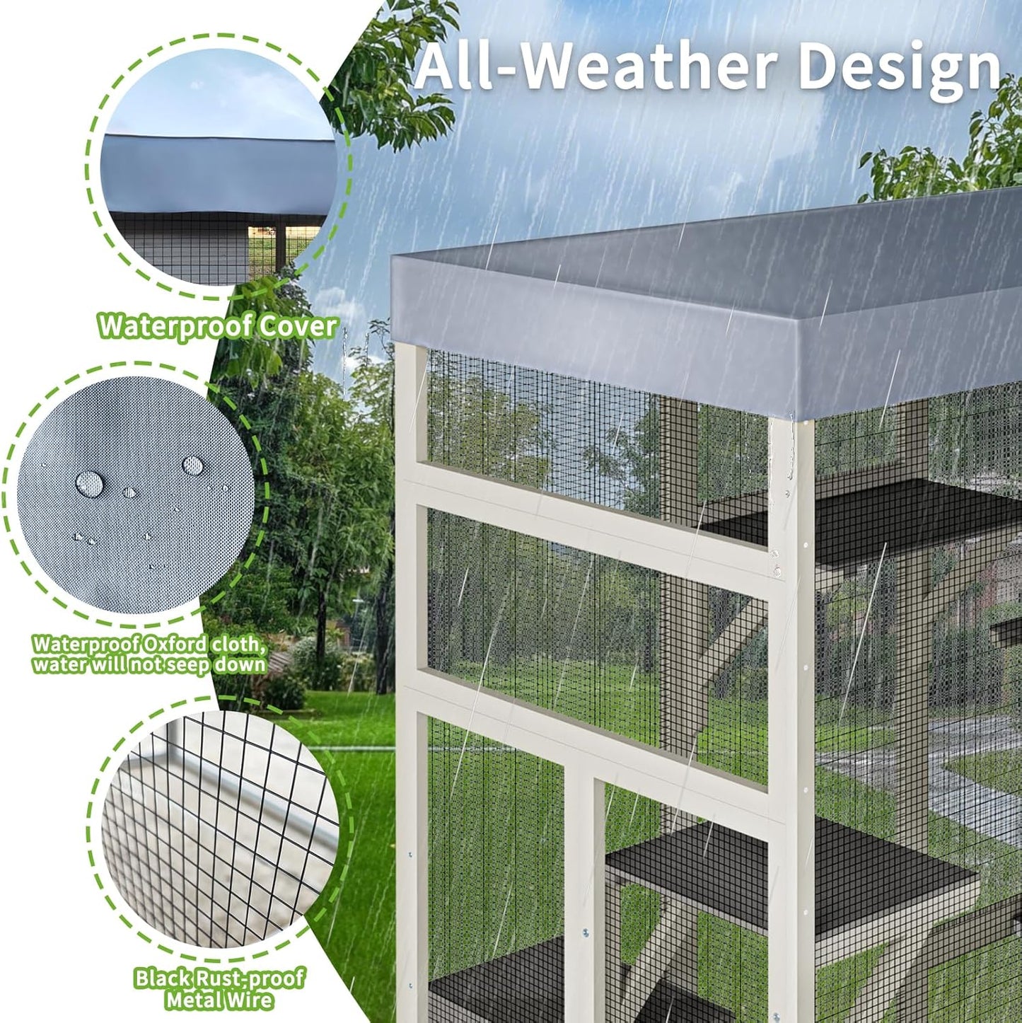KEIKI 62.6" Outdoor Wooden Catio for Cats, Large Cat Shelter Enclosure with Platforms, Cat Houses with Secure Rust-Proof Wire and Upgrade, Waterproof CoverPet Cage for Patio or Backyard