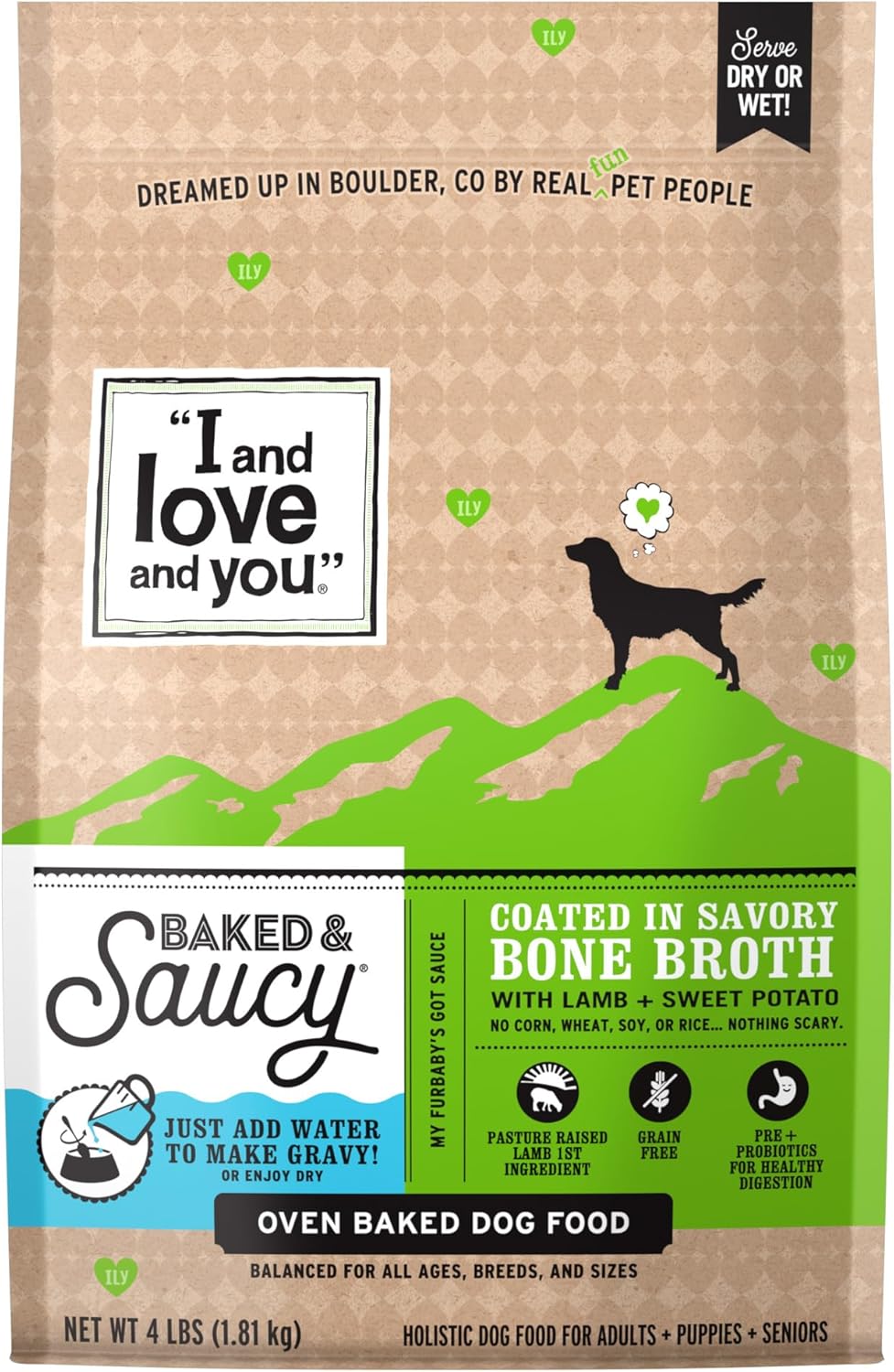 I and Love and You Baked and Saucy Dry Dog Food - Lamb + Sweet Potato - Prebiotic + Probiotic, Real Meat, Grain Free, No Fillers, 4lb Bag