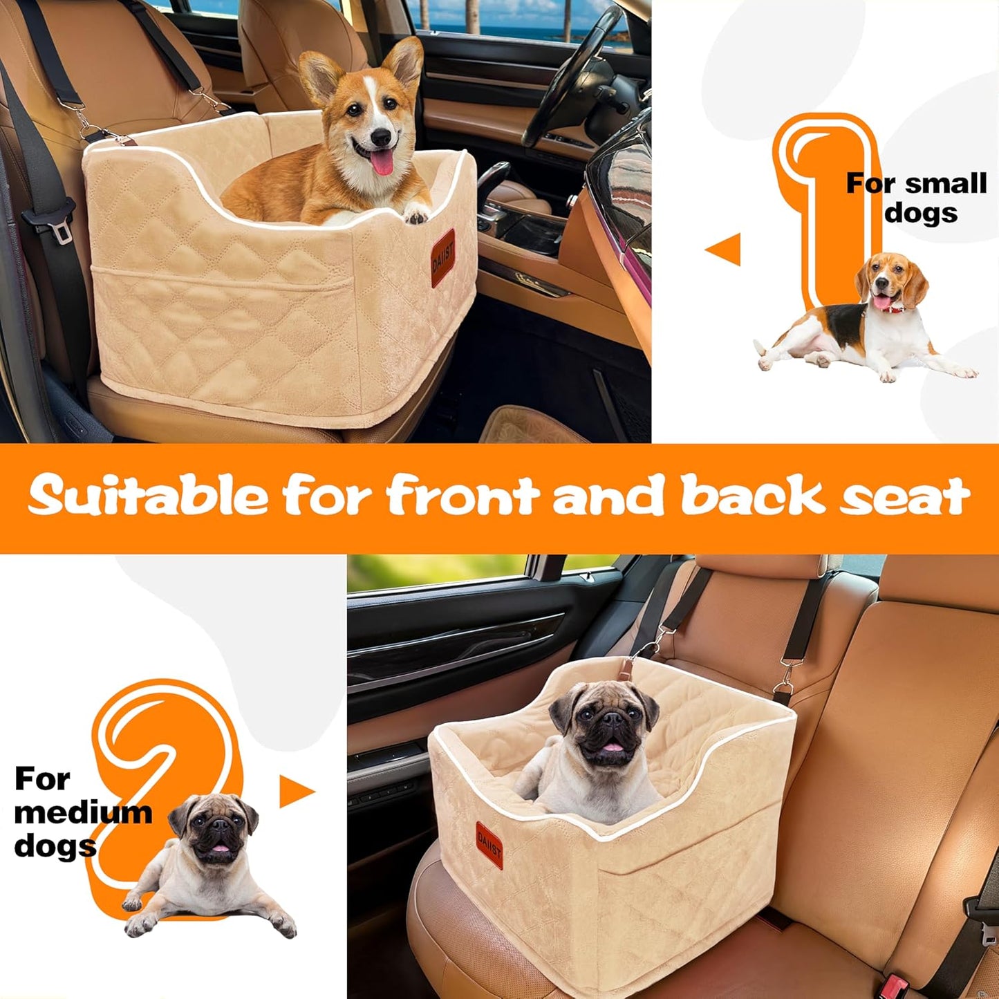 Dog Car Seat for Small Medium Dogs, Detachable Washable Dogs Booster Seat Under 35lbs, Elevated Dog Car Bed with Storage Pockets (Light Khaki, One Size)