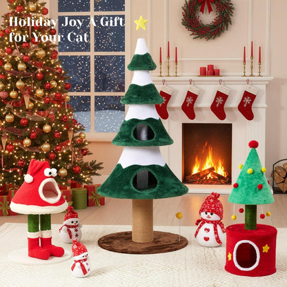 Christmas Cat Tree Tower –Santa Hat Design with Scratching Posts & Cozy Bed, Suitable for Small to Large Cats, Red
