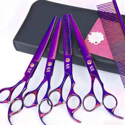 7.0 inch Dog Grooming Scissors, Professional 4-Piece Pet Shears Set with Thinning Shears, Straight & Curved Scissors, Storage Bag for Pet Dogs Cats Hair Cutting, Quiet Design (Purple)