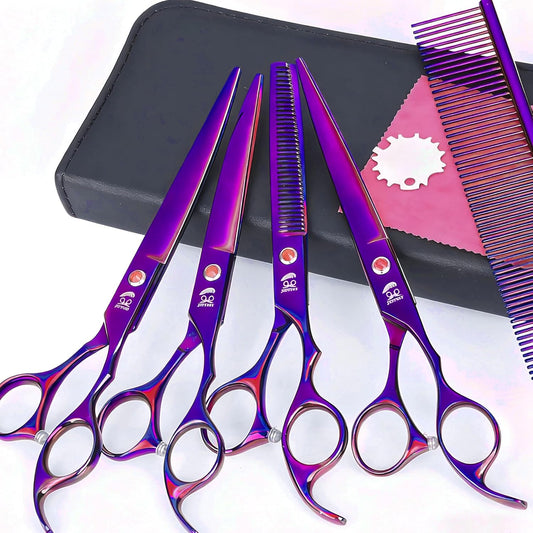 7.0 inch Dog Grooming Scissors, Professional 4-Piece Pet Shears Set with Thinning Shears, Straight & Curved Scissors, Storage Bag for Pet Dogs Cats Hair Cutting, Quiet Design (Purple)