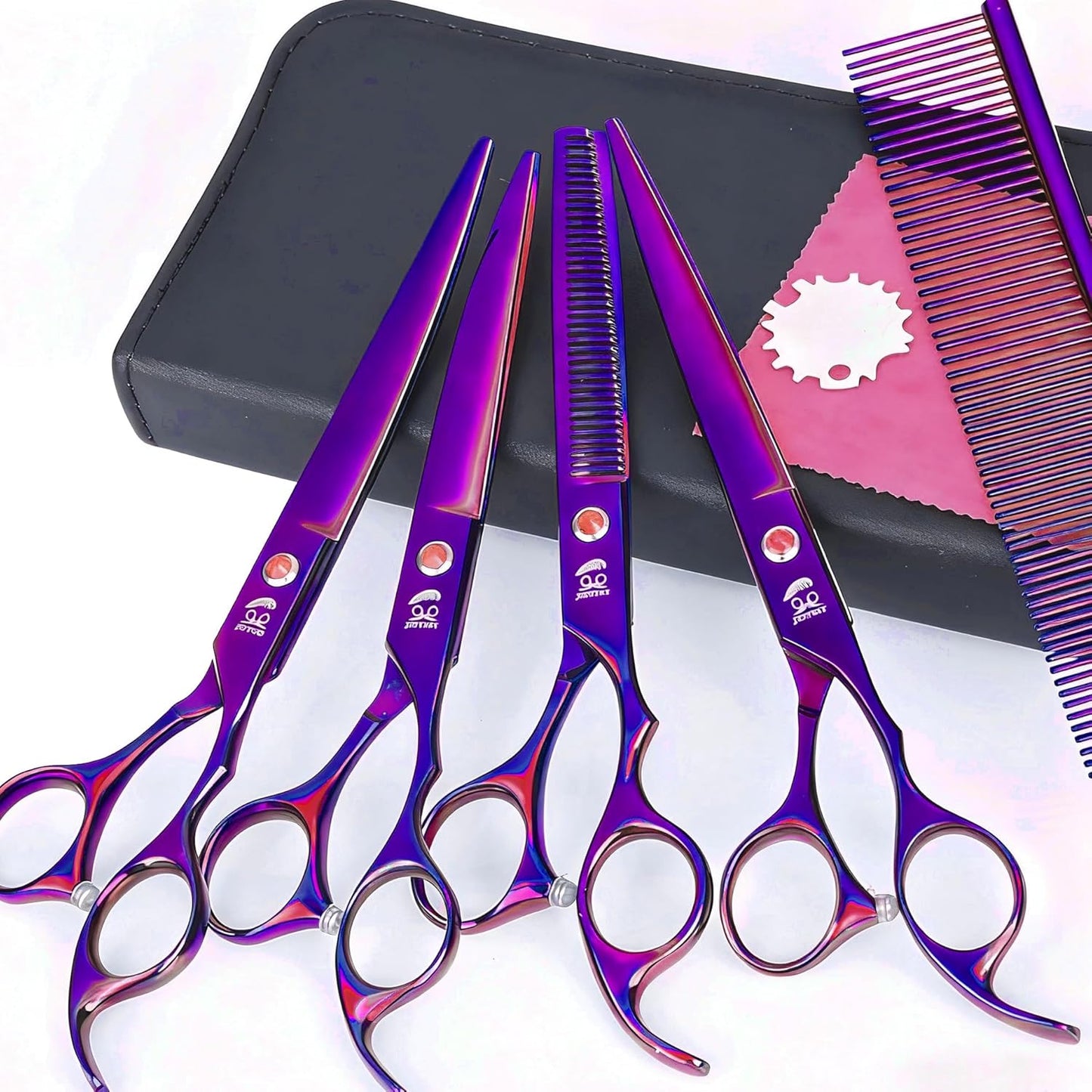 7.0 inch Dog Grooming Scissors, Professional 4-Piece Pet Shears Set with Thinning Shears, Straight & Curved Scissors, Storage Bag for Pet Dogs Cats Hair Cutting, Quiet Design (Purple)