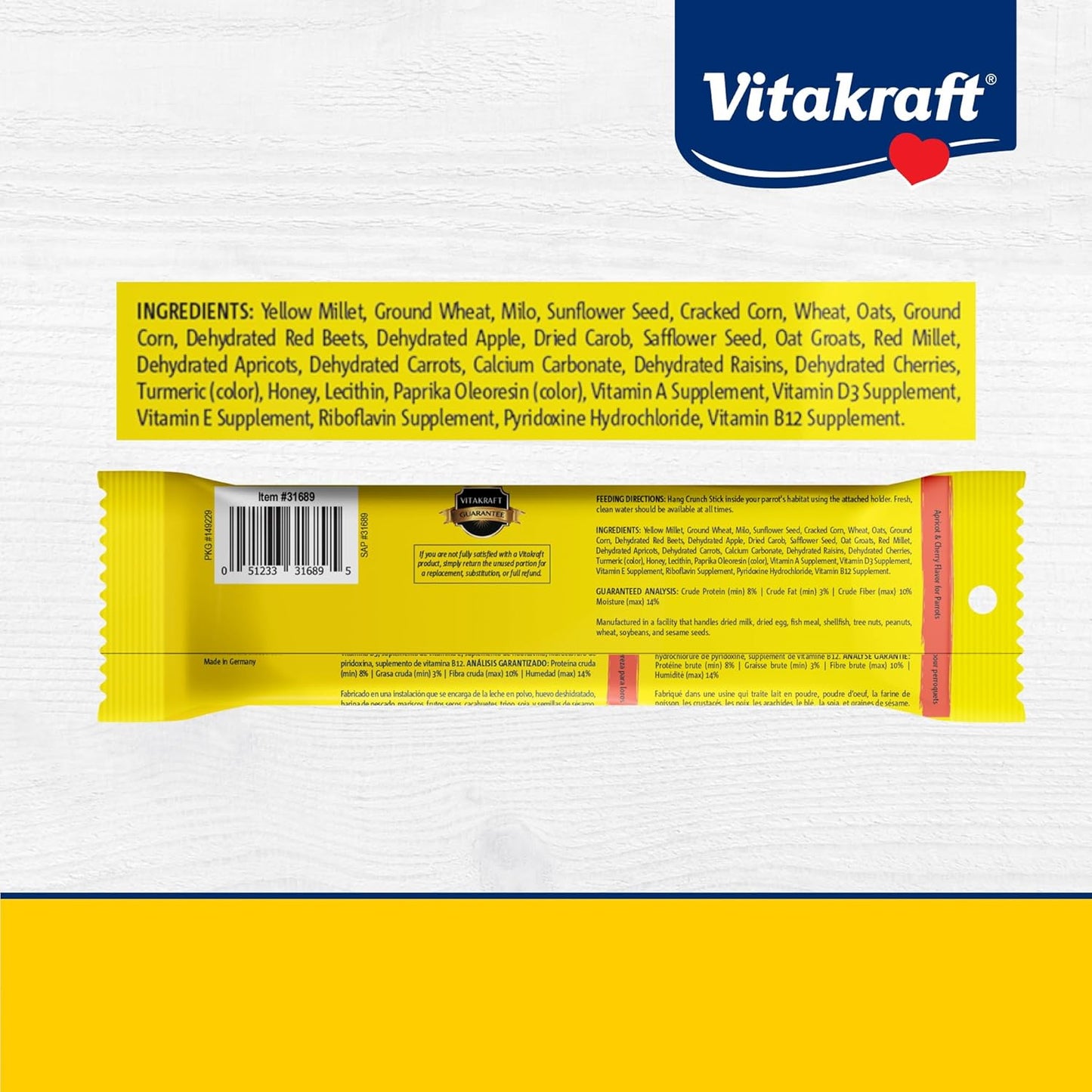 Vitakraft Crunch Sticks for Parrots Apricot and Cherry Flavor Natural Wood Chew Center With Clip Holder Long Lasting Treats For Parakeets Conures Cockatiels And Parrots - 5.5 oz 2 sticks