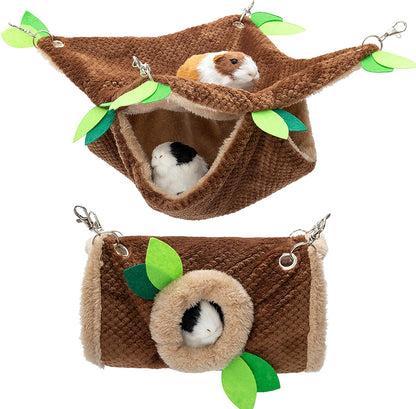 Small Animal Hammock - Hanging Hammock & Tunnel Hideout for Guinea Pig Hamster Parrot Rat Chinchilla - Warm Swing Plush Cage Bed Washable Pet Hammock