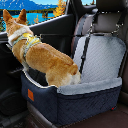 Dog Car Seat Bed 2 in 1 for Small/Medium Dogs up to 35 lbs,Adjustable Safety Leashes,Memory Foam with Soft Fabric Pets Travel Car Bed,Easily Installed in Front and Back seat,Removable and Washable.