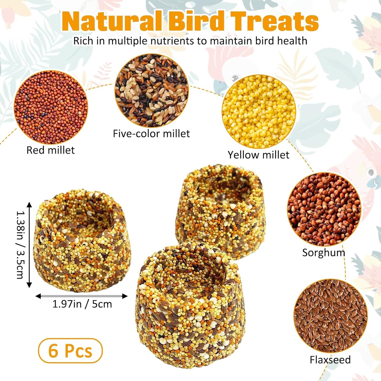 PINVNBY 6 PCS Parrot Treats Natural Grains Cockatiel Treats Bowl Shape Budgie Snacks Edible Bird Chewing Toys for Parrots Parakeet Conure Lovebird Finch Canary