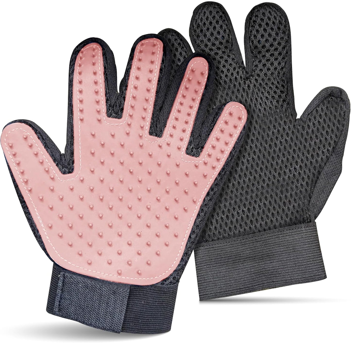 Pet Grooming Gloves for Dogs & Cats – Premium 259-Tip Deshedding & Massage Mitts, Easy-Peel Hair Removal, Adjustable Strap, 1 Pair (Blue/Pink) (Pink)