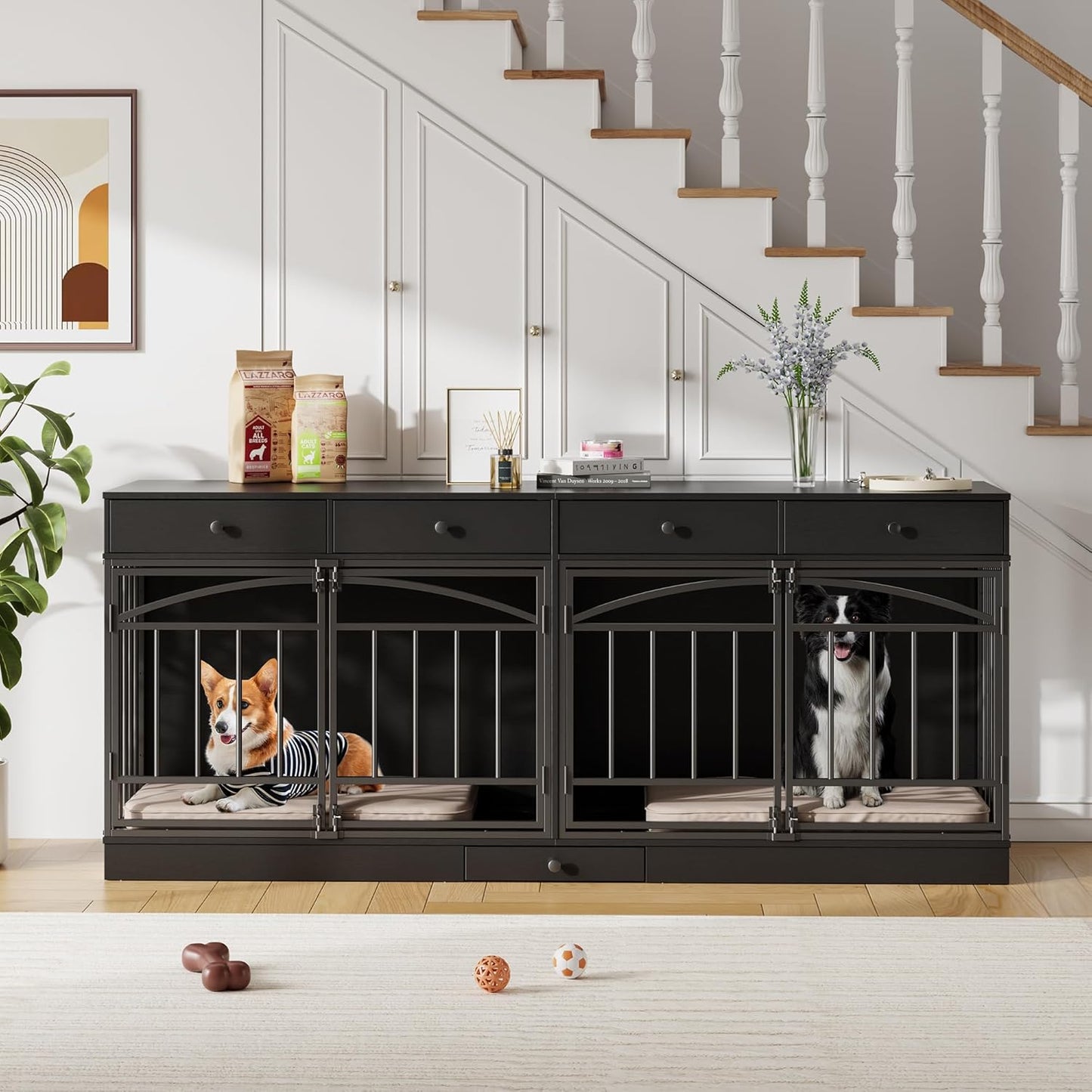 GarveeHome Dog Crate Furniture for 2 Dogs, Dog Kennel Indoor with 4 Storage Drawers and Feeding Bowls, Double Dog Crate TV Stand for Small Medium Dogs, Black