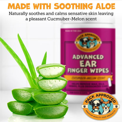 Advanced Pet Ear Finger Wipes for Dogs & Cats - Non-Irritating Pet Finger Wipes, Ear Cleaner for Dogs & Cats - Helps Reduce Wax Buildup, Debris, and Odor with Cucumber Melon Scent - 50ct