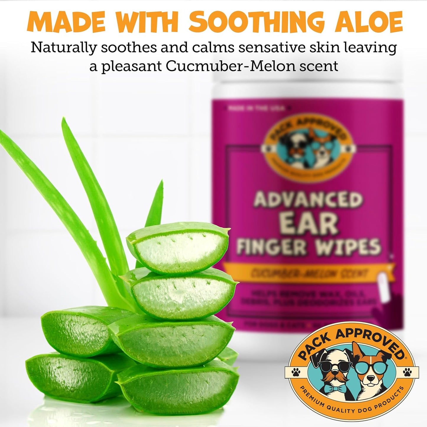 Advanced Pet Ear Finger Wipes for Dogs & Cats - Non-Irritating Pet Finger Wipes, Ear Cleaner for Dogs & Cats - Helps Reduce Wax Buildup, Debris, and Odor with Cucumber Melon Scent - 50ct