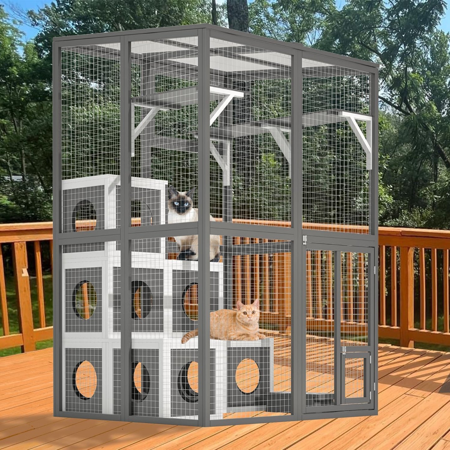 Outdoor Wooden Cat Large Solid Wood Cat Cage Playpen with 2 Jumping Platforms & 7 Napping Houses, Walk-in Cat Kennel Condo Shelter, Grey Weather-Resistant Outdoor Lawn
